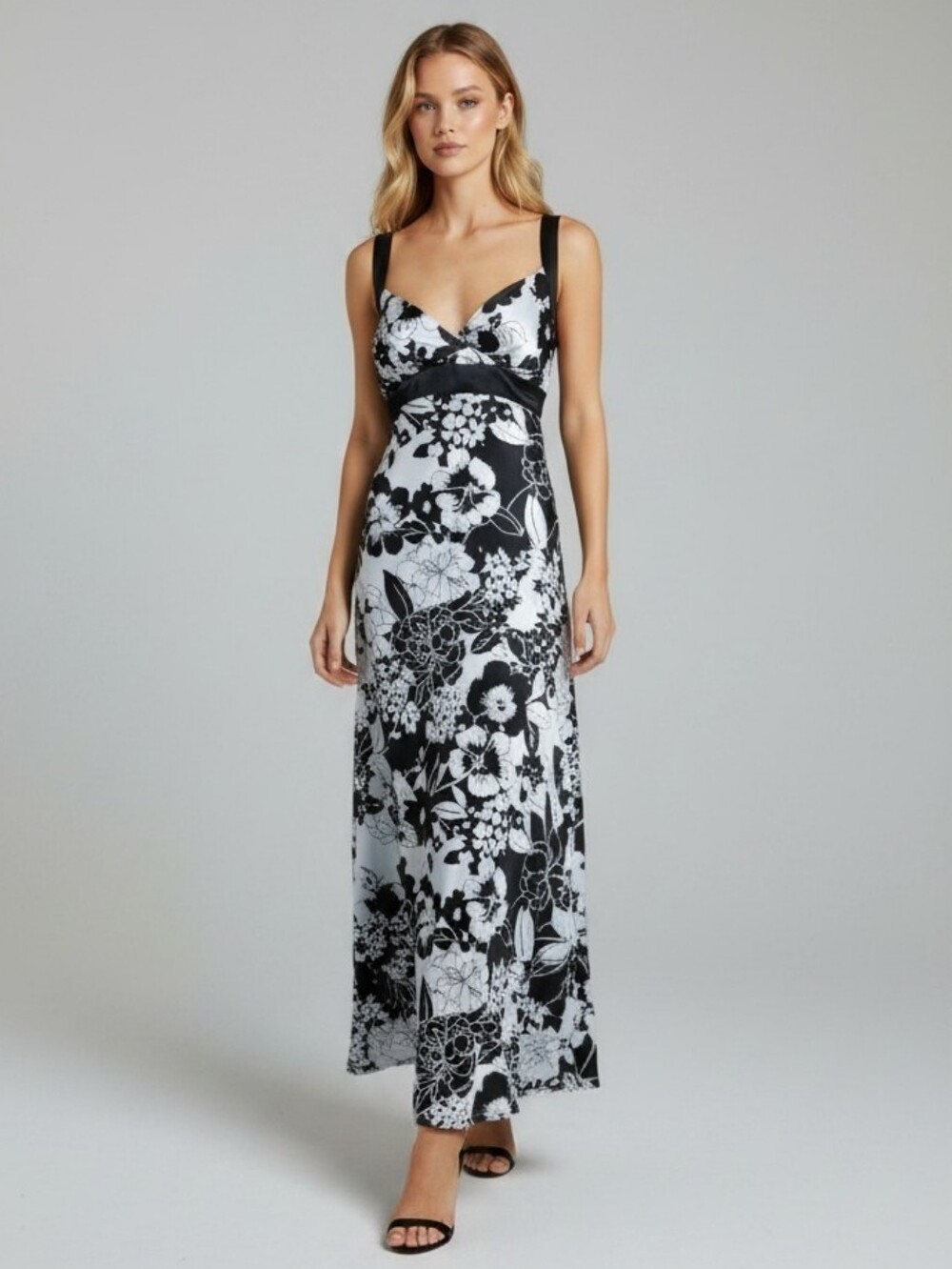 NWT JR Nites by Caliendo Floral Bias Maxi Dress Black White Size 6